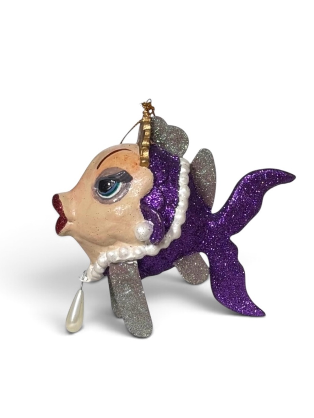 NEW Katherine's Collection Purple Glitter Pearl Mardi Gras Kissing Fish Ornament